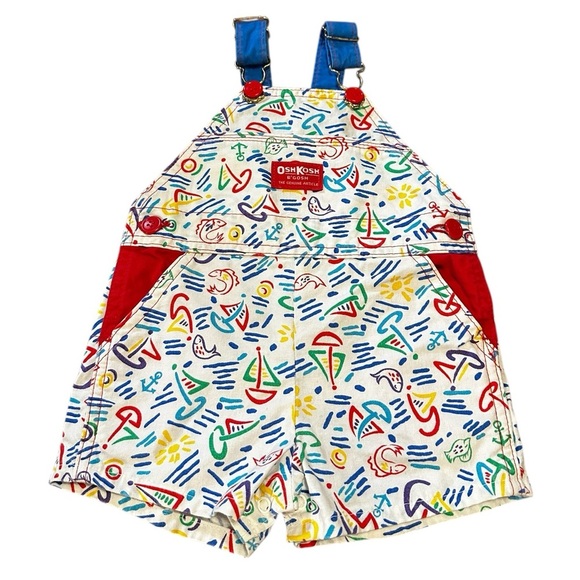 Vintage OshKosh B'gosh Sailboats Overall Shorts Shortalls Size 12 Months - Picture 1 of 8